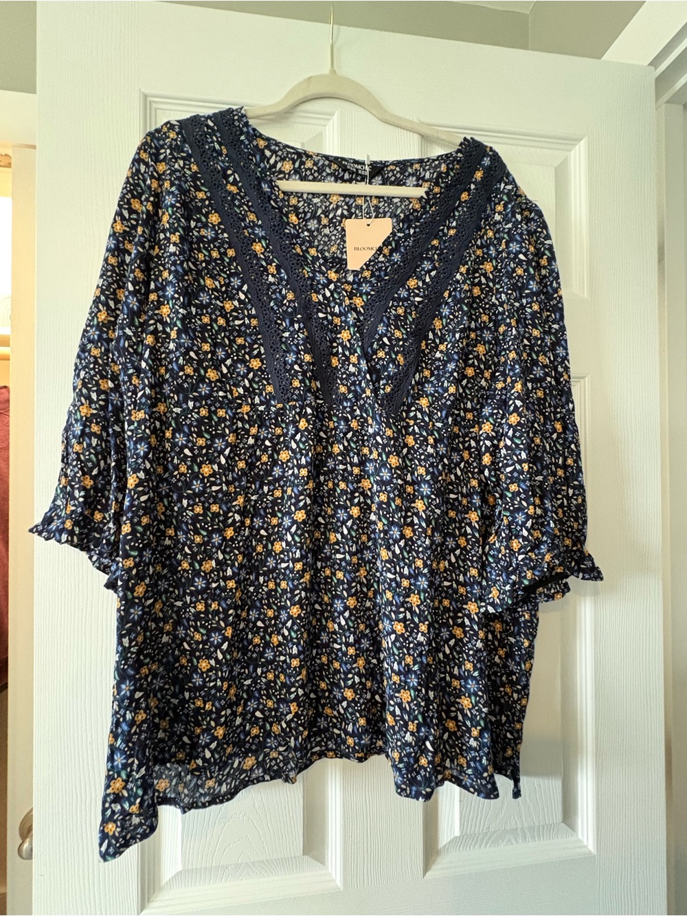 BloomChic Navy Floral V-Neck Tunic with Crochet Trim